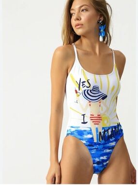 Anne Cole White, Blue & Yellow Graphic One-Piece Swimsuit Cannes
